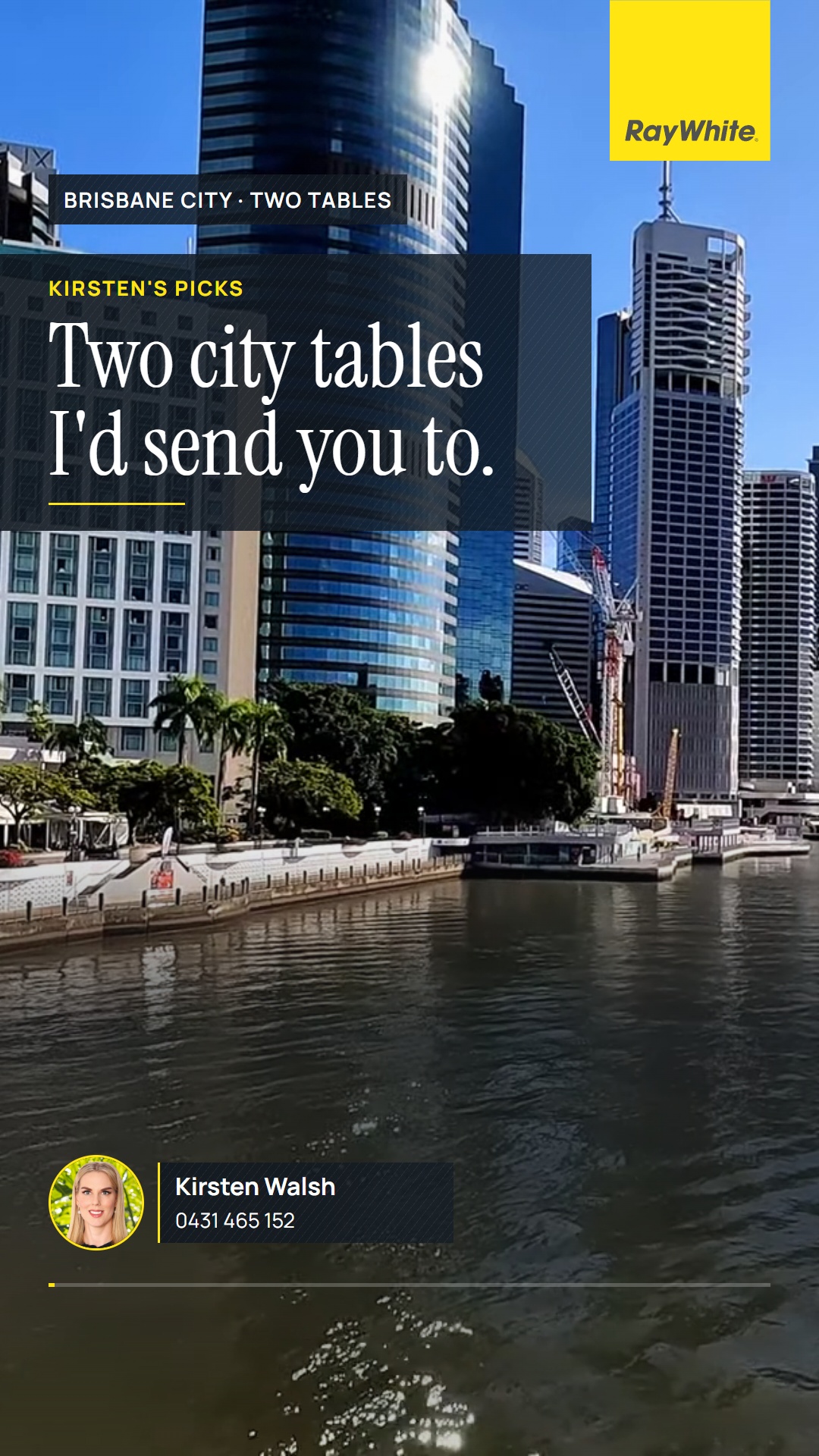 A post published for Kirsten Walsh: two city tables in Brisbane, over a river view of the city.