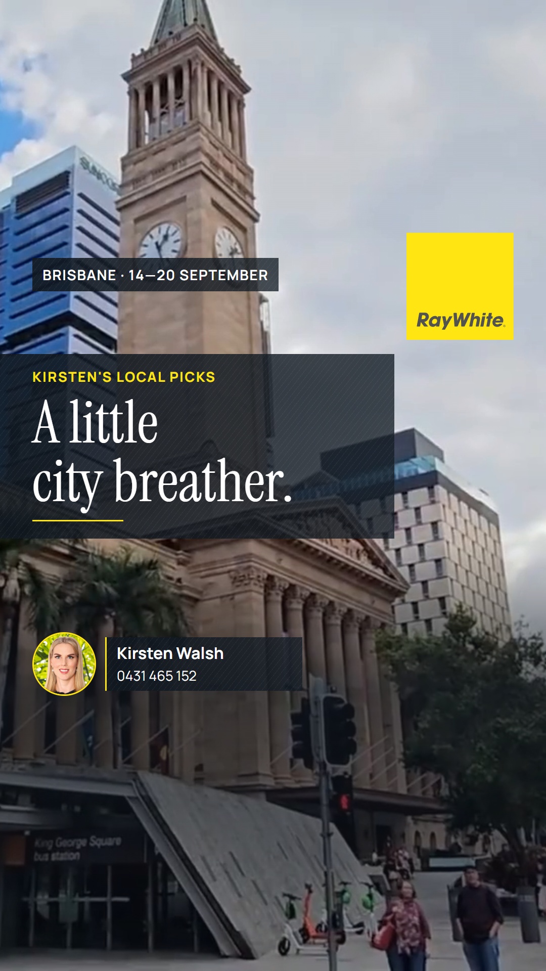 A post published for Kirsten Walsh: the City Hall clock tower, headed &ldquo;A little city breather&rdquo;.