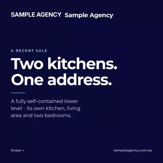 The first frame of a carousel: two kitchens, one address.