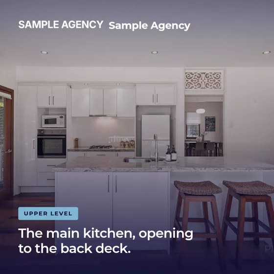 A carousel frame showing the main kitchen opening to the back deck.