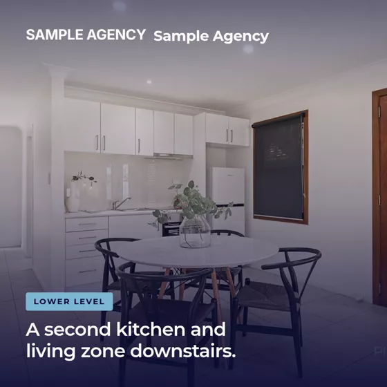 A carousel frame showing a second kitchen and living zone downstairs.
