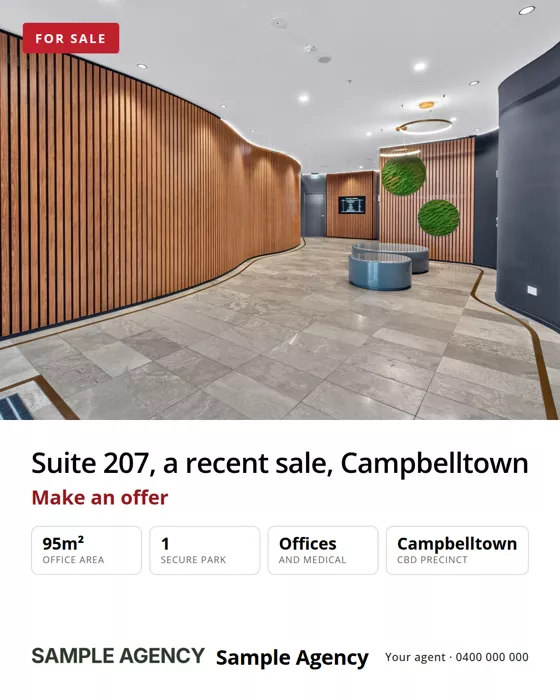 A commercial suite listing post with floor area, offices and parking.